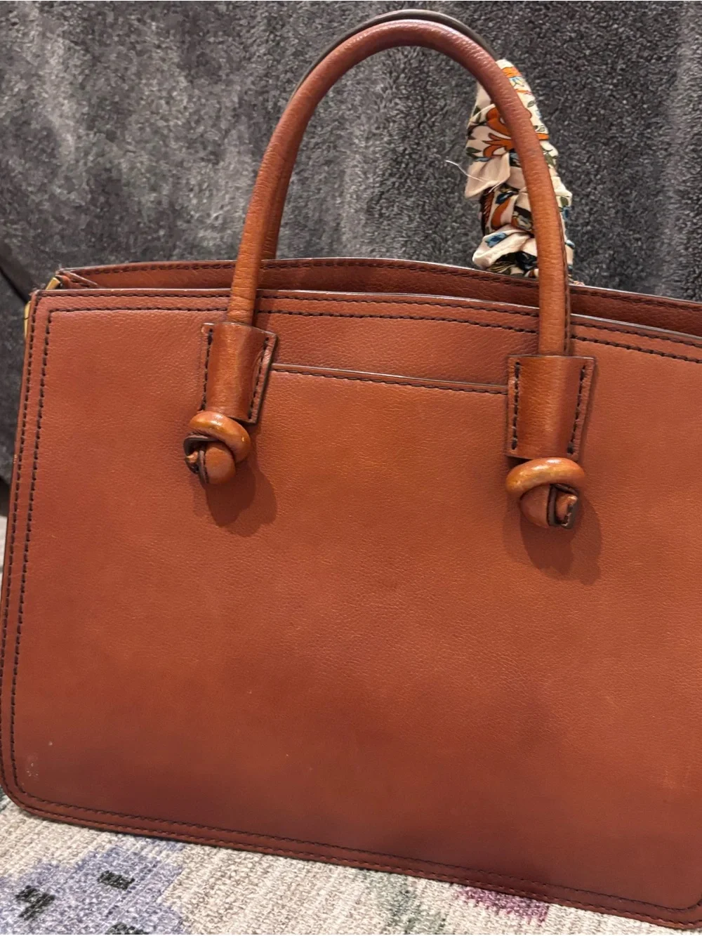 Fossil Leather Satchel Tote in Rich Chestnut Brown with Floral Scarf Accent